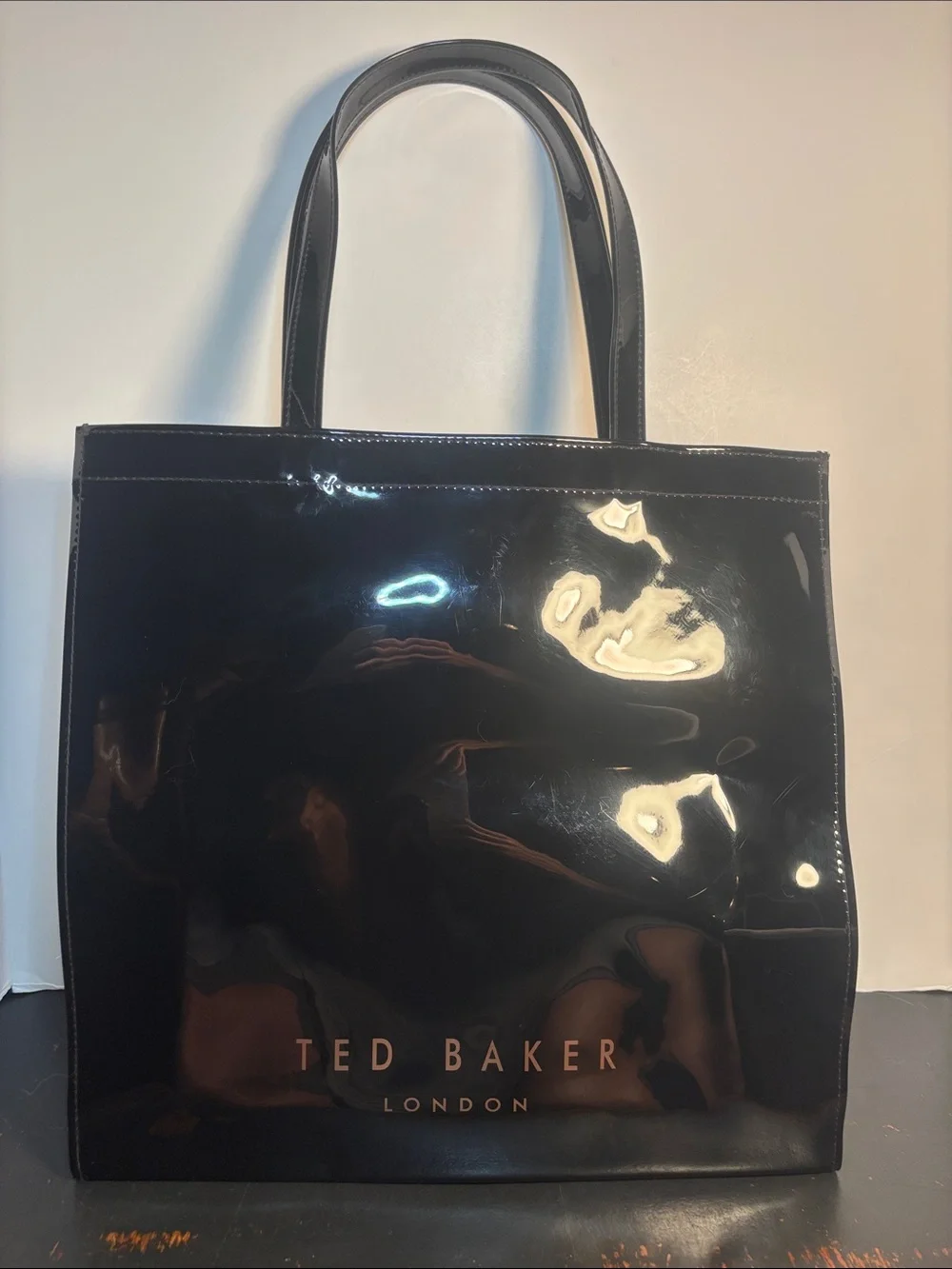 NWT Ted Baker Black Patent Icon Tote Bag with Gold Bow